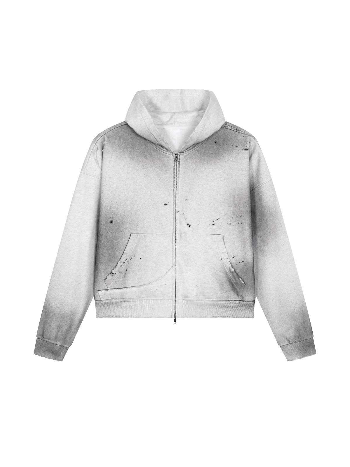 GrayWhite Paint Splatter Zip Hoodie — Men's Distressed Knit Top (2) Gray/White Paint Splatter Zip Hoodie — Men's Distressed Knit Top