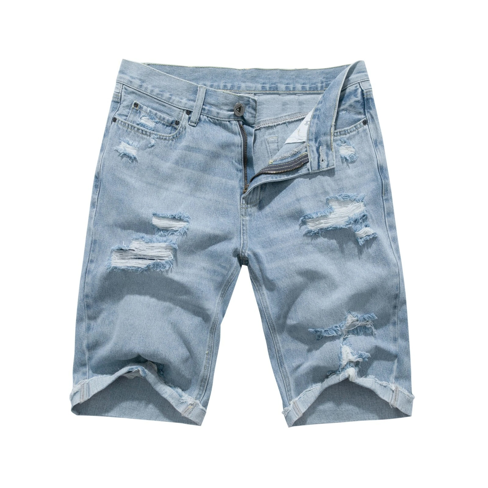 Light Blue Distressed Denim Shorts — Men's Relaxed Ripped Jorts (4) Light Blue Distressed Denim Shorts — Men's Relaxed Ripped Jorts