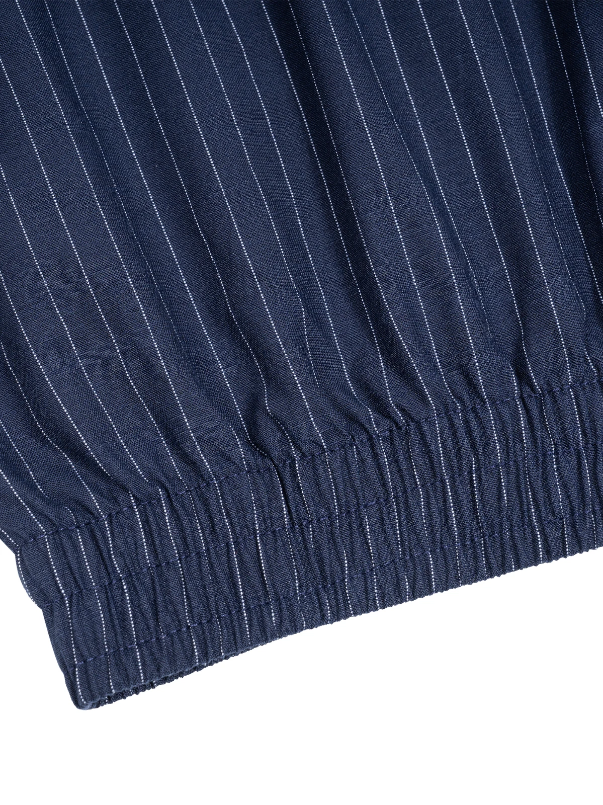 NavyWhite Pinstripe Bomber Jacket — Men's Zip-Up Poplin Layer (2) Navy/White Pinstripe Bomber Jacket — Men's Zip-Up Poplin Layer