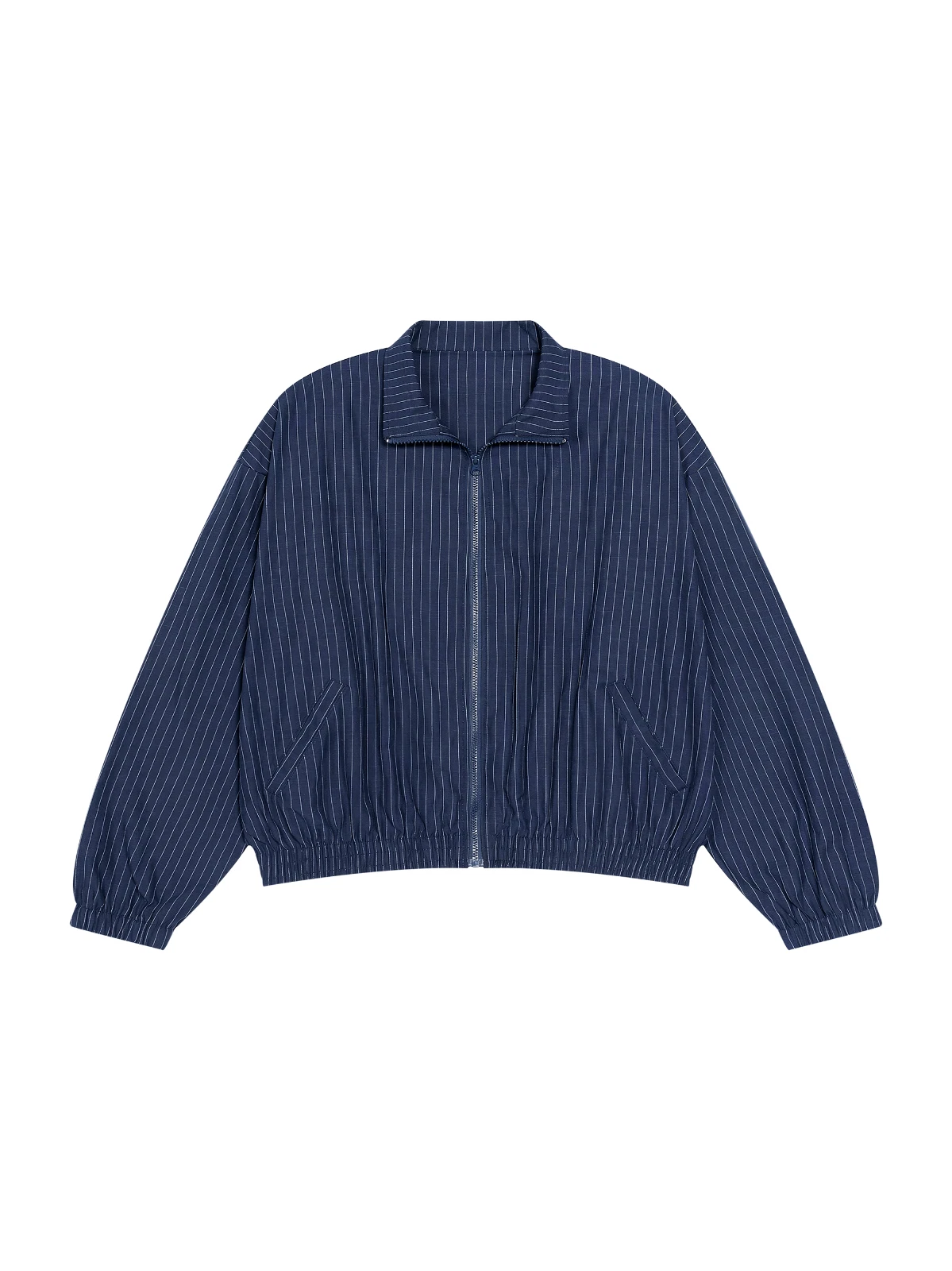 NavyWhite Pinstripe Bomber Jacket — Men's Zip-Up Poplin Layer (4) Navy/White Pinstripe Bomber Jacket — Men's Zip-Up Poplin Layer
