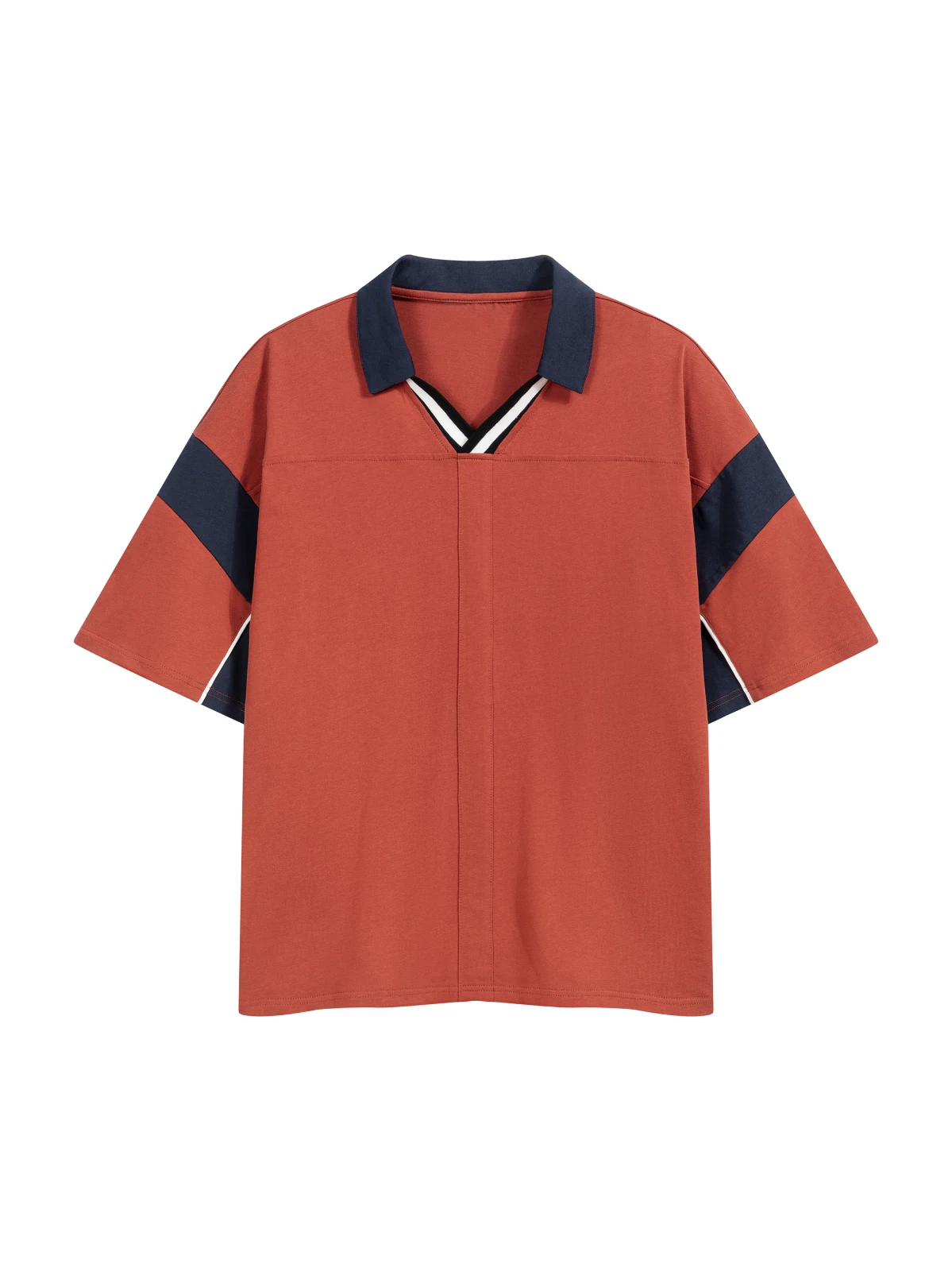 RustNavyWhite Colorblock Rugby Polo — Men's Oversized Top (4) Rust/Navy/White Colorblock Rugby Polo — Men's Oversized Top