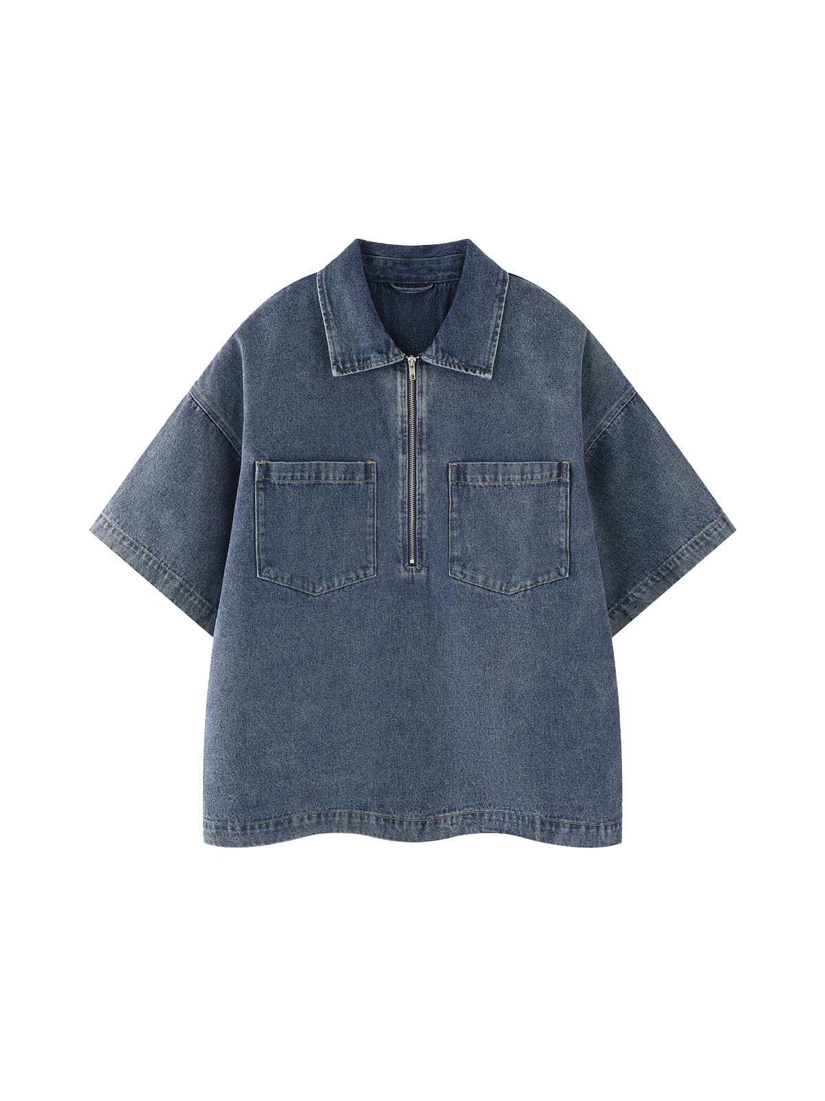 Washed Blue Denim Half-Zip Shirt — Men's Boxy Short Sleeve Top (4) Washed Blue Denim Half-Zip Shirt — Men's Boxy Short Sleeve Top